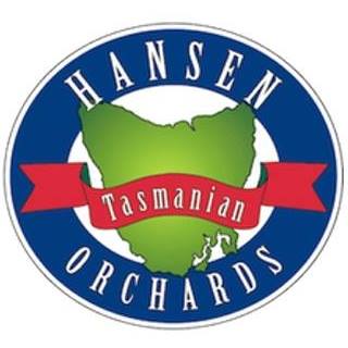 Hansen Orchards logo, with our beautiful island state in green, circled in blue with the name Hansen Orchards, and crossed by a red ribbon.  